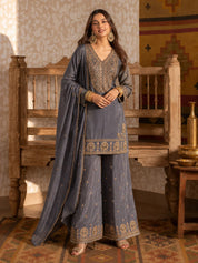 Slate Blue Embroidered Tissue Kurta Set with Dupatta