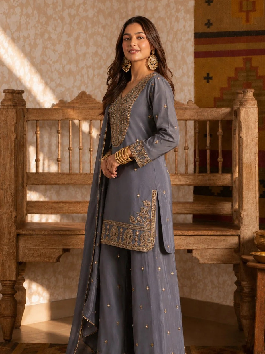Slate Blue Embroidered Tissue Kurta Set with Dupatta