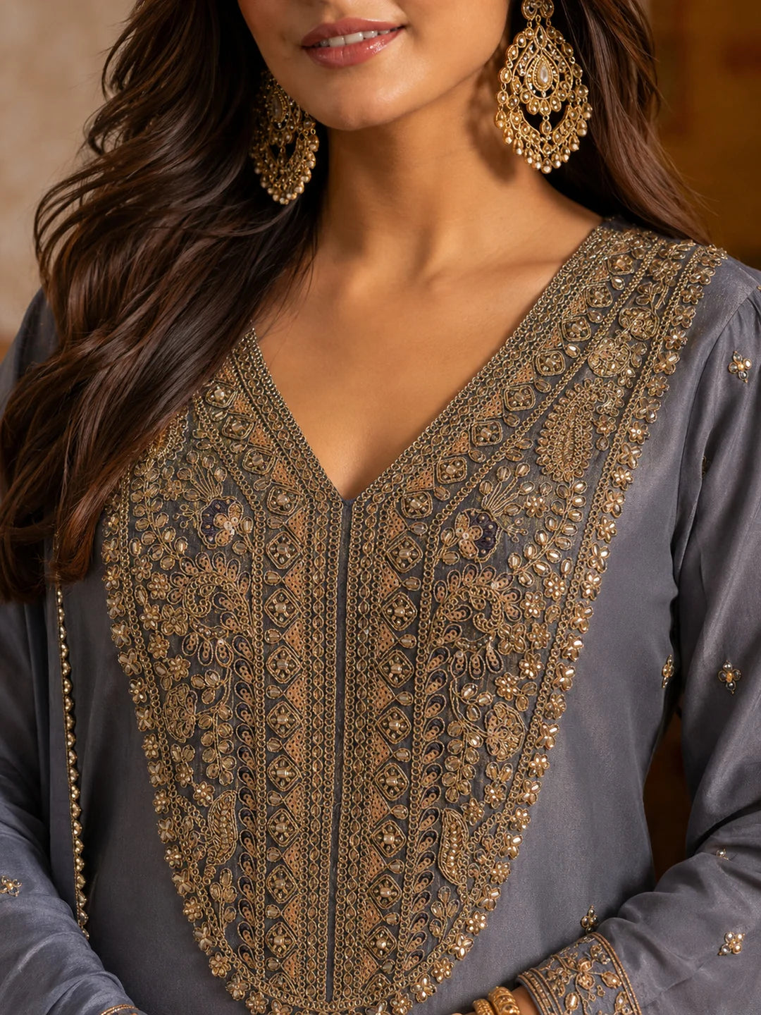 Slate Blue Embroidered Tissue Kurta Set with Dupatta