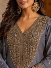 Slate Blue Embroidered Tissue Kurta Set with Dupatta