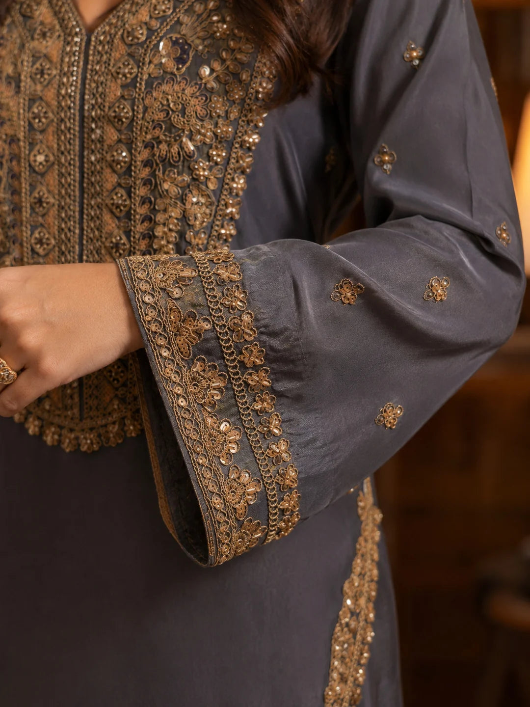 Slate Blue Embroidered Tissue Kurta Set with Dupatta