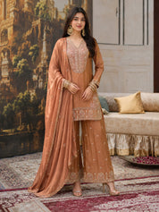 Rose Gold Embroidered Tissue Kurta Set with Dupatta
