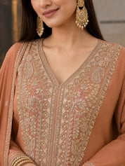 Rose Gold Embroidered Tissue Kurta Set with Dupatta