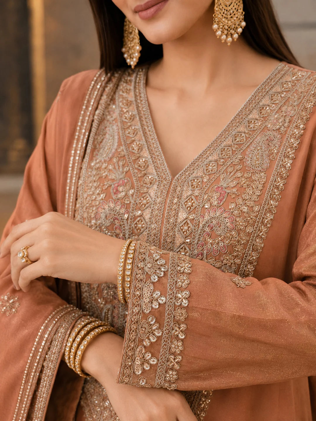 Rose Gold Embroidered Tissue Kurta Set with Dupatta