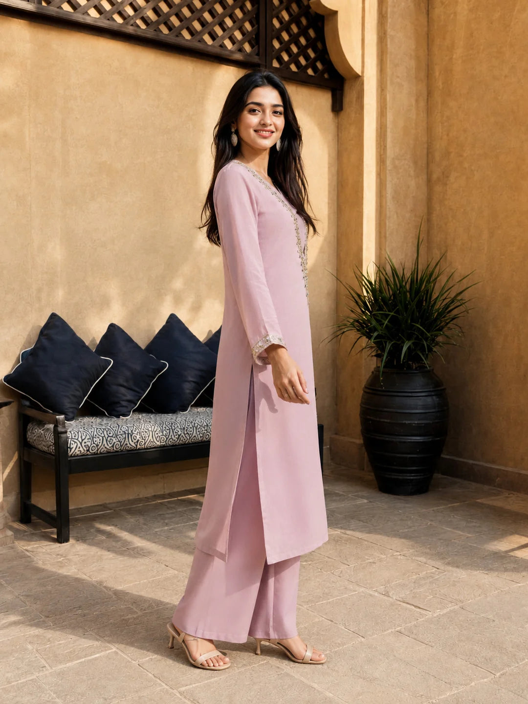 Lilac 3 Pc Chinnon Kurta Set with Bustier, Deep V Kurta & Sequin Mirror Embroidery