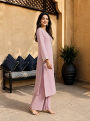 Lilac 3 Pc Chinnon Kurta Set with Bustier, Deep V Kurta & Sequin Mirror Embroidery