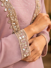 Lilac 3 Pc Chinnon Kurta Set with Bustier, Deep V Kurta & Sequin Mirror Embroidery
