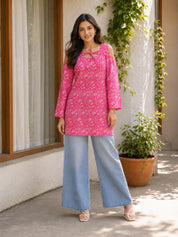 Pink Short Kurti with Back Criss Cross Tie Detail in Cotton