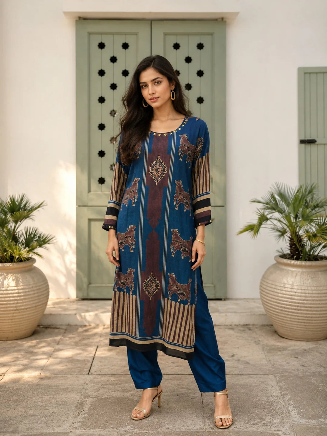 Blue & Brown Cow Motif, Striped Block Printed Kurta Set in Muslin