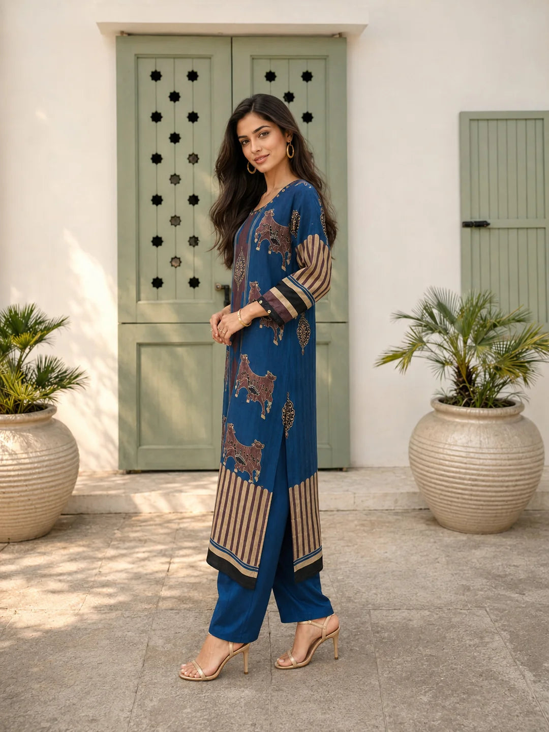 Blue & Brown Cow Motif, Striped Block Printed Kurta Set in Muslin