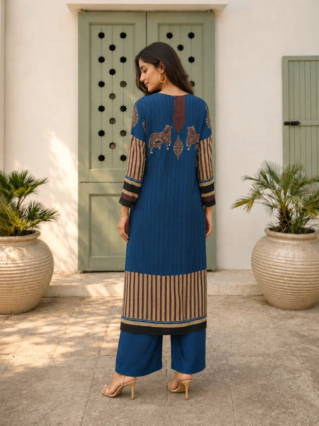 Blue & Brown Cow Motif, Striped Block Printed Kurta Set in Muslin