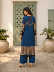 Blue & Brown Cow Motif, Striped Block Printed Kurta Set in Muslin