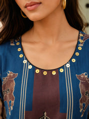 Blue & Brown Cow Motif, Striped Block Printed Kurta Set in Muslin