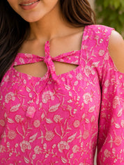 Pink Short Kurti with Back Criss Cross Tie Detail in Cotton