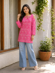 Pink Short Kurti with Back Criss Cross Tie Detail in Cotton