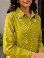 Moss Green Bandhani Printed Muslin Shirt