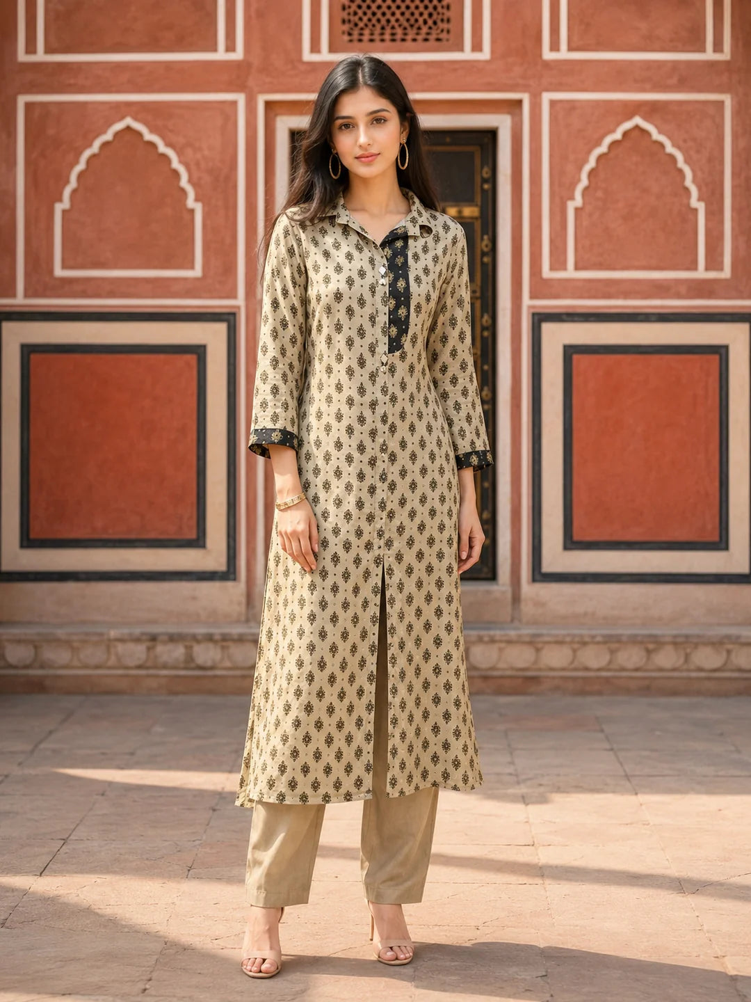 Beige & Black Floral Buta Printed Shirt-Collar Kurta Set  in Crepe