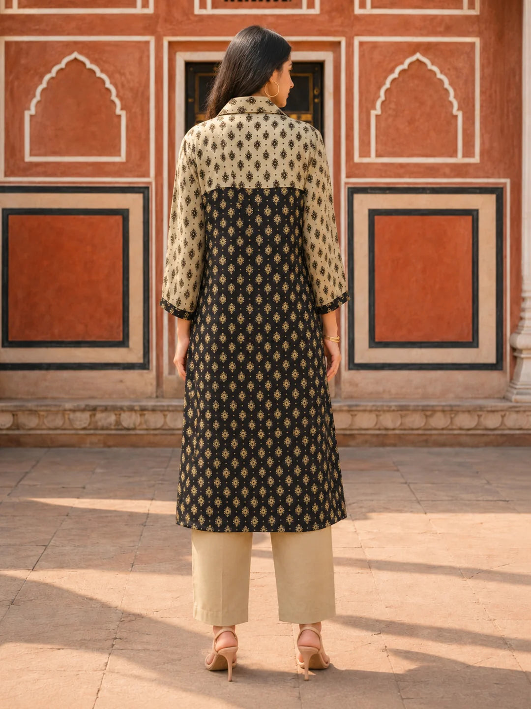 Beige & Black Floral Buta Printed Shirt-Collar Kurta Set  in Crepe