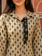 Beige & Black Floral Buta Printed Shirt-Collar Kurta Set  in Crepe