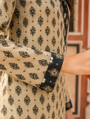 Beige & Black Floral Buta Printed Shirt-Collar Kurta Set  in Crepe