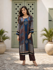 Brown & Blue Cow Motif, Striped Block Printed Kurta Set in Muslin