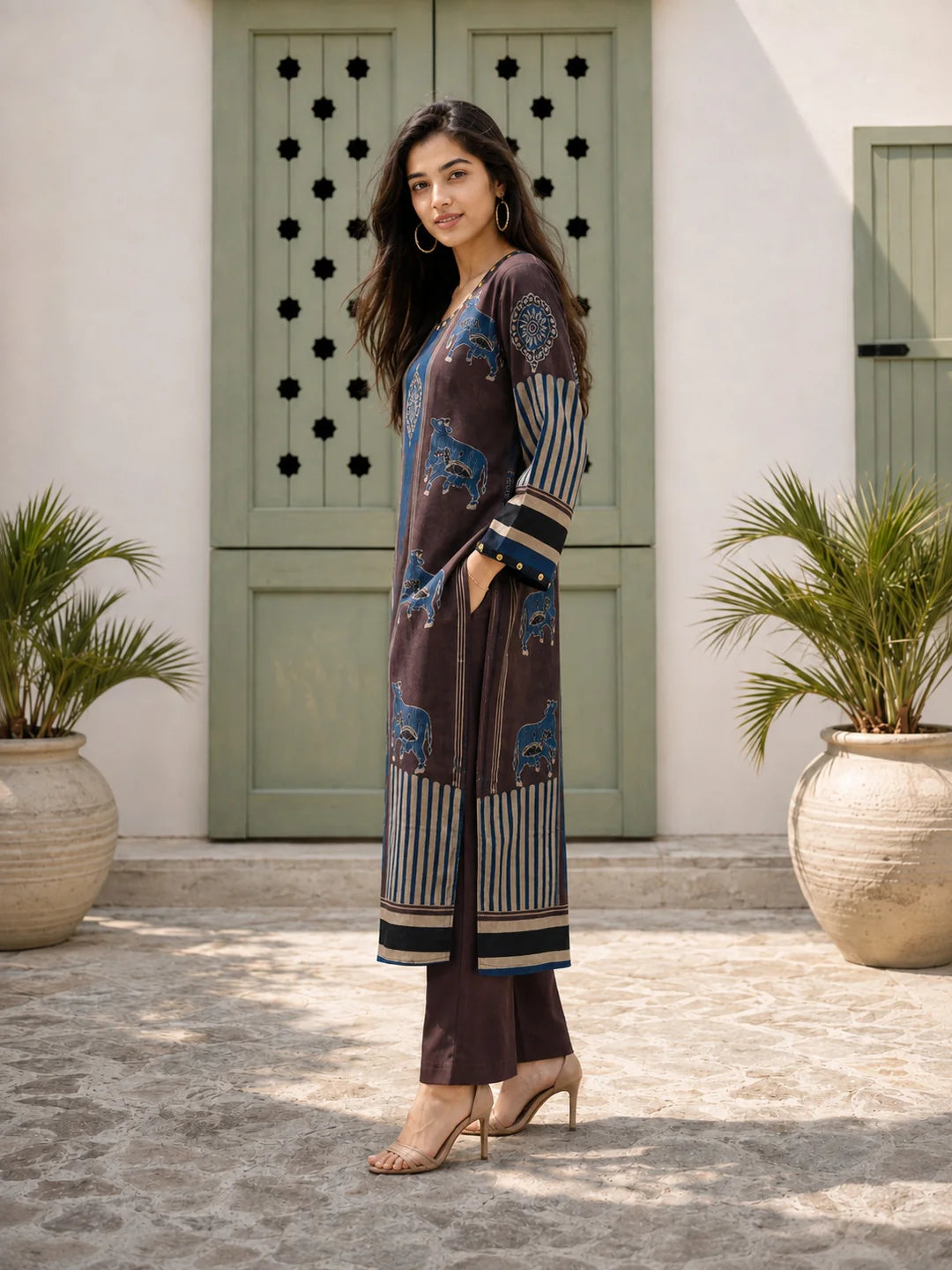 Brown & Blue Cow Motif, Striped Block Printed Kurta Set in Muslin