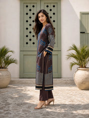Brown & Blue Cow Motif, Striped Block Printed Kurta Set in Muslin