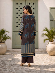 Brown & Blue Cow Motif, Striped Block Printed Kurta Set in Muslin