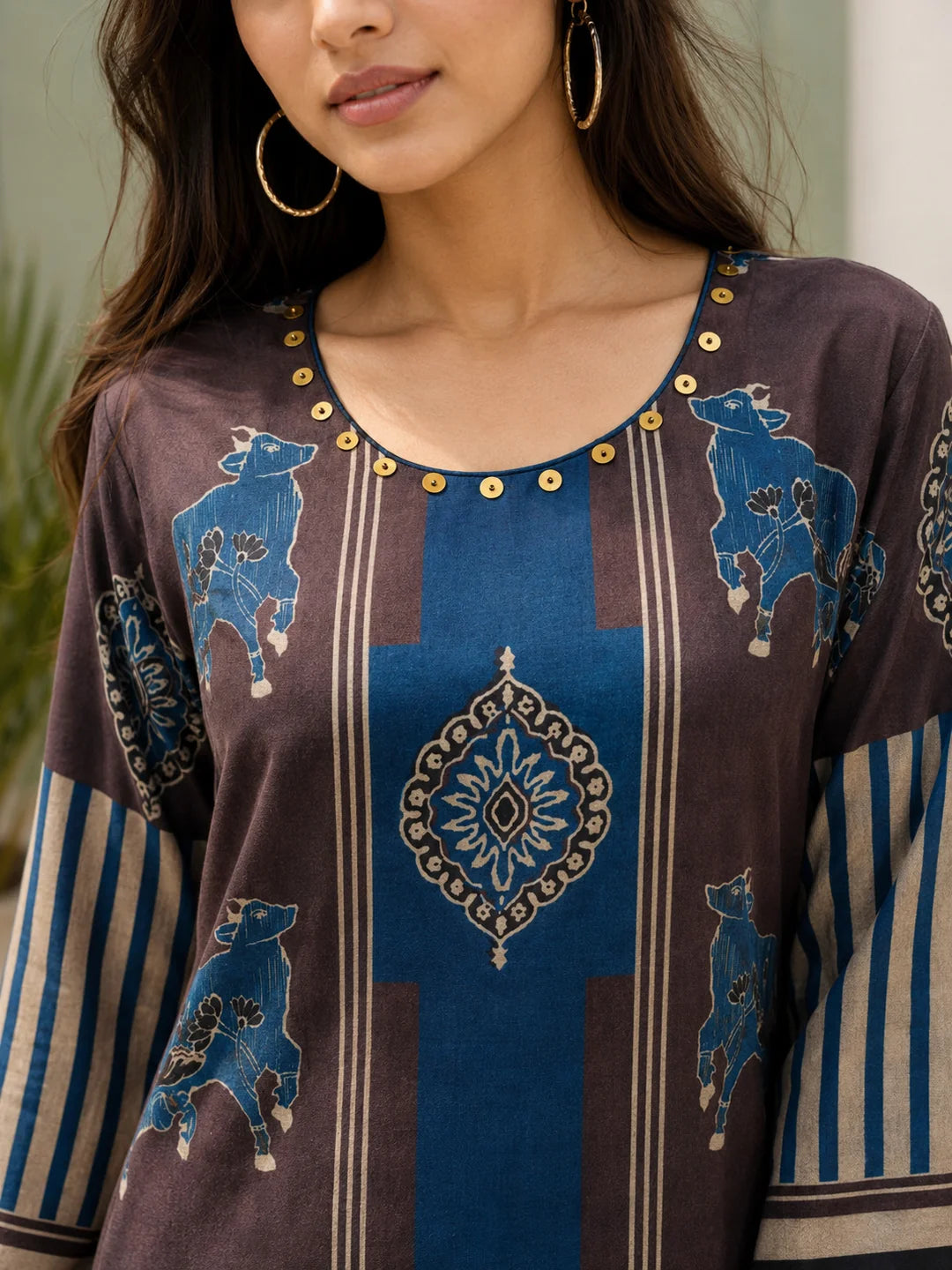 Brown & Blue Cow Motif, Striped Block Printed Kurta Set in Muslin
