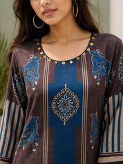 Brown & Blue Cow Motif, Striped Block Printed Kurta Set in Muslin
