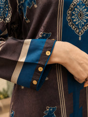Brown & Blue Cow Motif, Striped Block Printed Kurta Set in Muslin