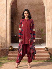 Red Co-Ord Set with Flowy Printed Jacket in Muslin