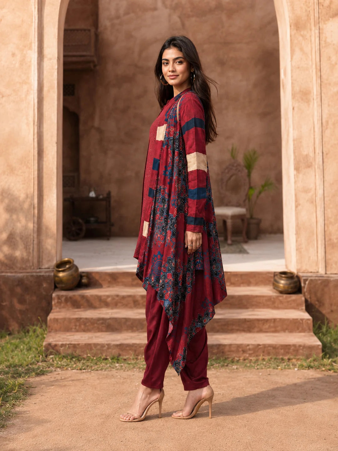 Red Co-Ord Set with Flowy Printed Jacket in Muslin