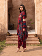 Red Co-Ord Set with Flowy Printed Jacket in Muslin