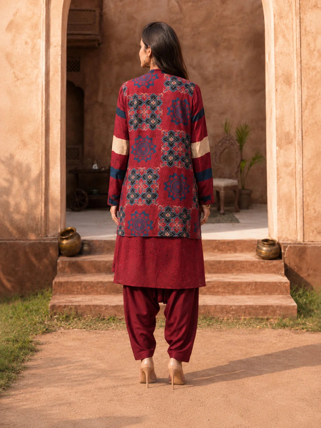 Red Co-Ord Set with Flowy Printed Jacket in Muslin