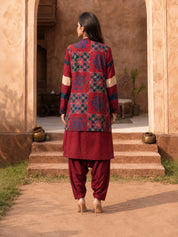 Red Co-Ord Set with Flowy Printed Jacket in Muslin
