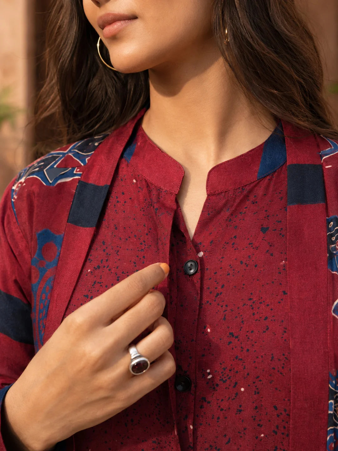 Red Co-Ord Set with Flowy Printed Jacket in Muslin