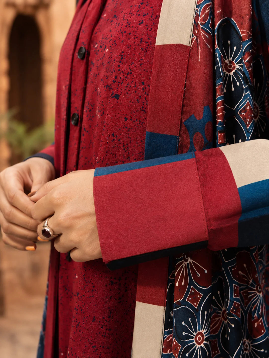 Red Co-Ord Set with Flowy Printed Jacket in Muslin