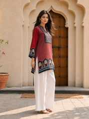 Maroon Pinstriped Mughal Window Printed Crepe Tunic