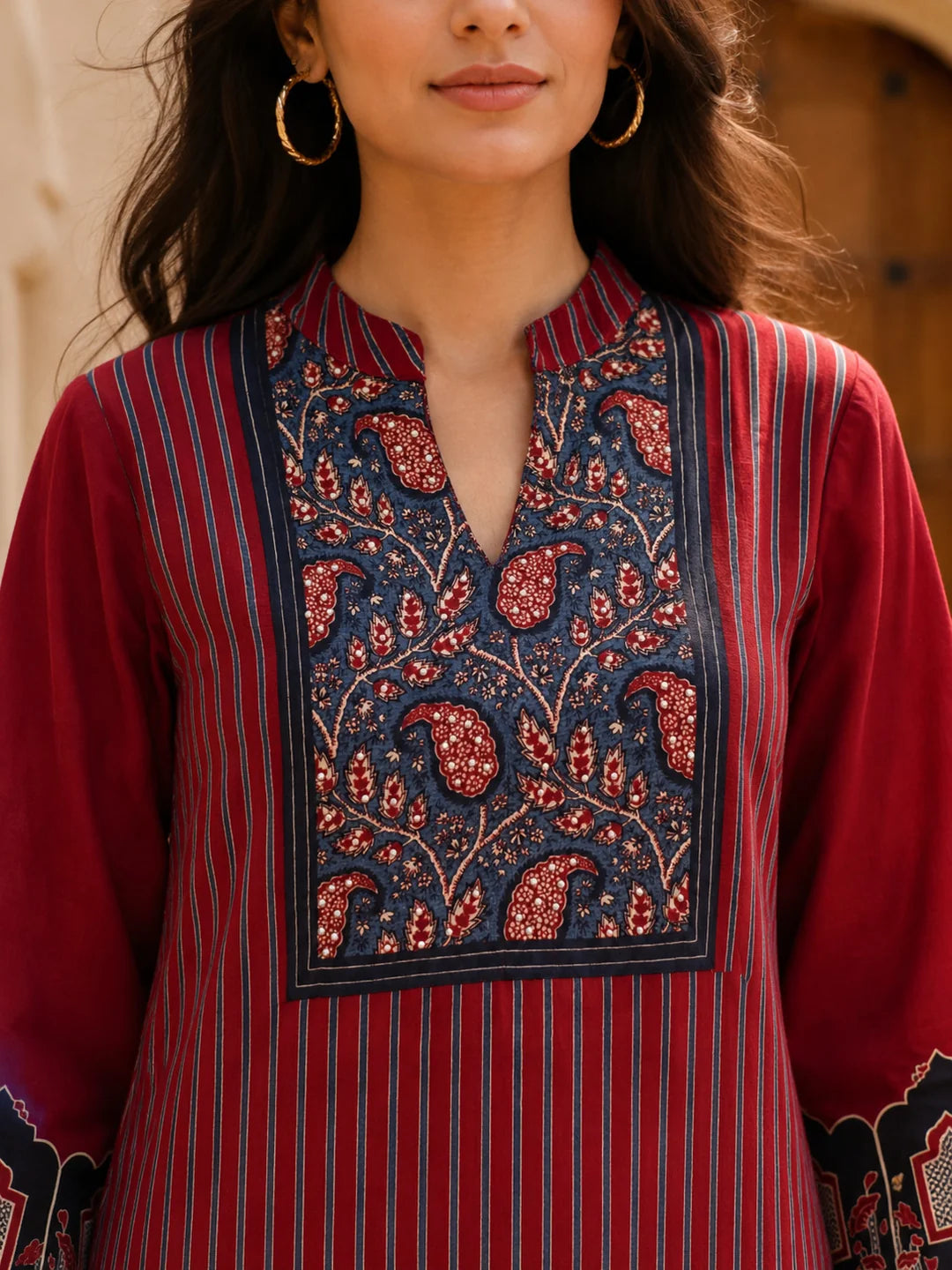 Maroon Pinstriped Mughal Window Printed Crepe Tunic