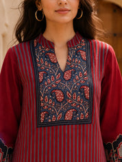 Maroon Pinstriped Mughal Window Printed Crepe Tunic
