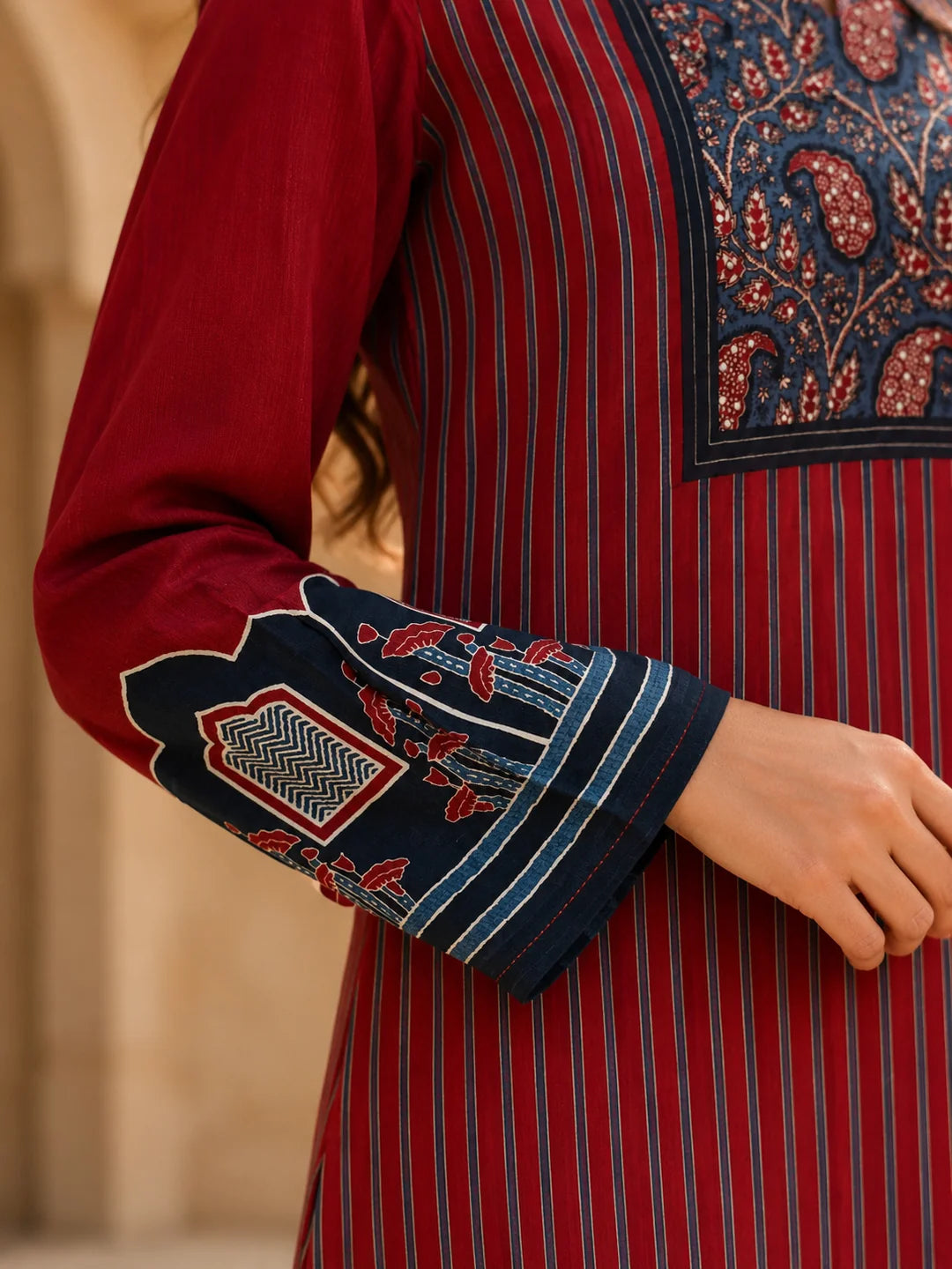 Maroon Pinstriped Mughal Window Printed Crepe Tunic