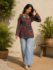 Black & Maroon Floral Printed Cold-Shoulder Short Kurti in Cotton