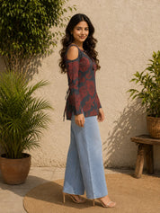 Black & Maroon Floral Printed Cold-Shoulder Short Kurti in Cotton