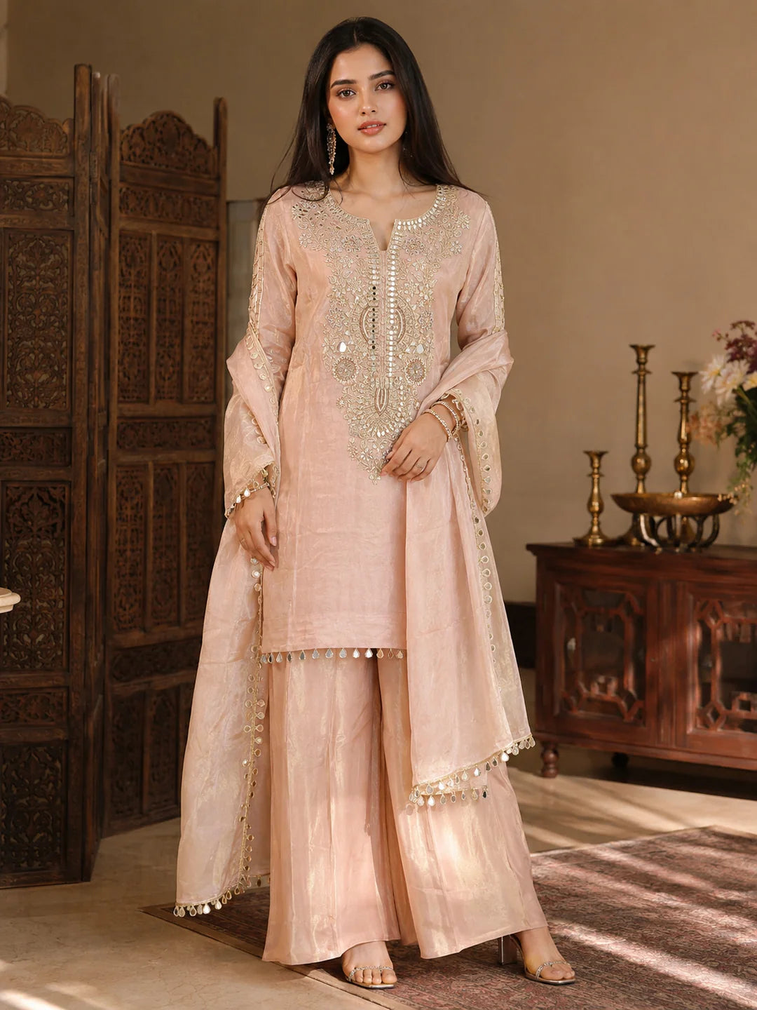Dusty Rose Shimmer Tissue Kurta Set with Dupatta