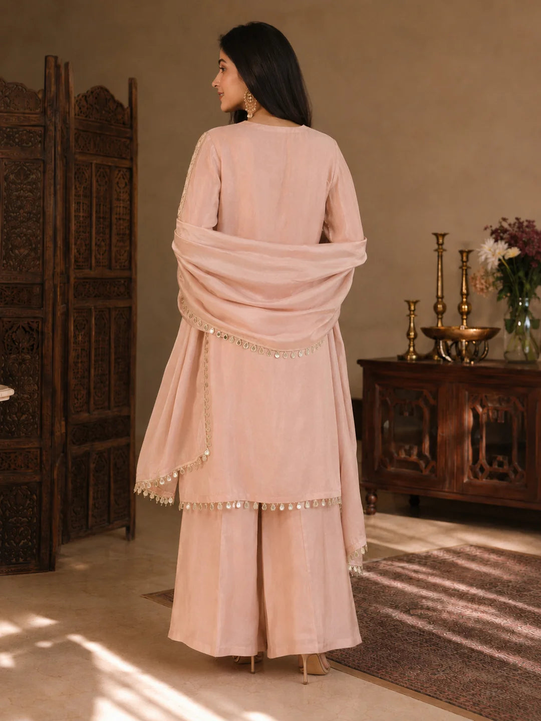 Dusty Rose Shimmer Tissue Kurta Set with Dupatta