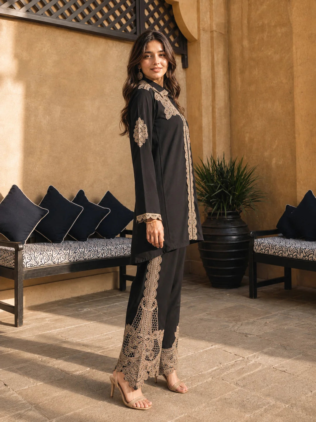 Black Machine-Embroidered Shirt Co-ord Set with Scalloped Cutwork Pants in Rayon