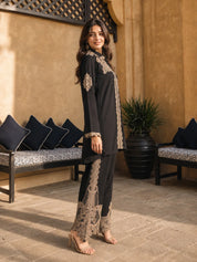 Black Machine-Embroidered Shirt Co-ord Set with Scalloped Cutwork Pants in Rayon