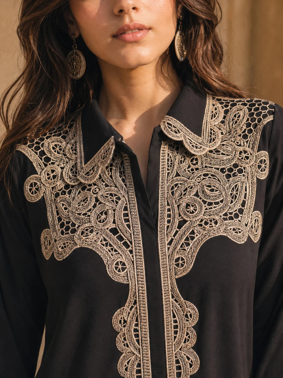 Black Machine-Embroidered Shirt Co-ord Set with Scalloped Cutwork Pants in Rayon