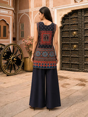 Black & Red Printed Sleeveless Kurta Set Solid Palazzo in Muslin